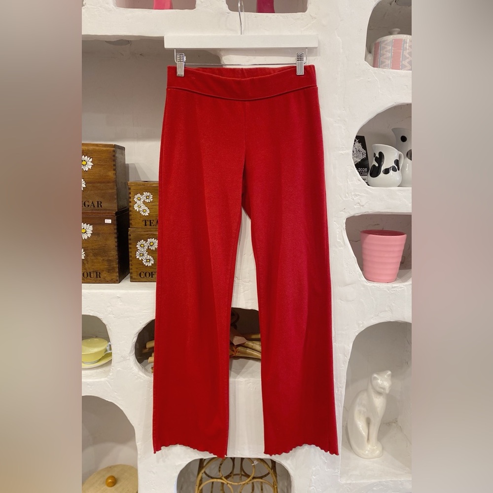 Y2K Vintage Red Fleece Elastic Waist Sweatpants with Straight Leg Lettuce Trim